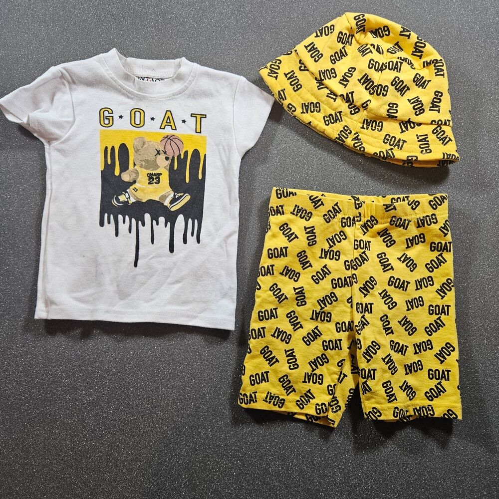 GOAT 3Pc Outfit Set 12M Shirt Shorts Hat Yellow Black Toddler